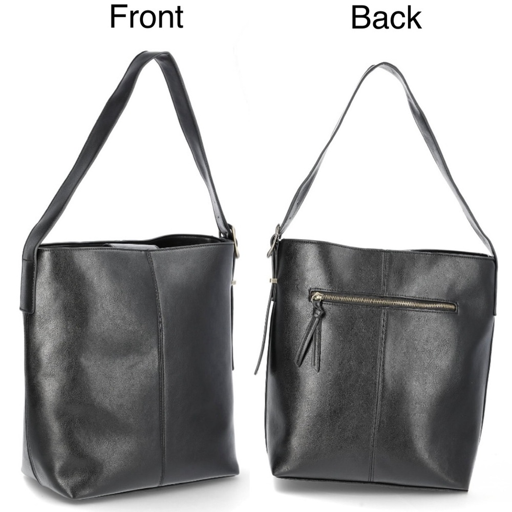 Time and Tru Women's Birdie Faux Leather Bucket Mid Sized Handbag, Black